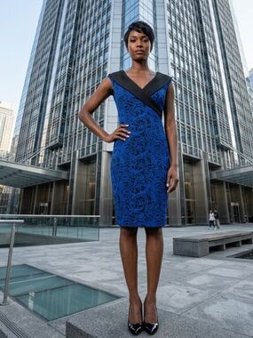 Joseph Ribkoff Cobalt Blue and Black Artistic Midi Dress